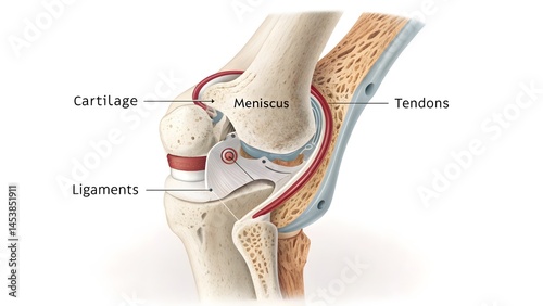 Medical infographic showing detailed anatomy of the human knee joint with labeled parts like ligaments, meniscus and cartilage