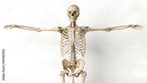 Photorealistic image of a full human skeleton front view on dark background, educational illustration for medical, anatomical, and scientific purposes