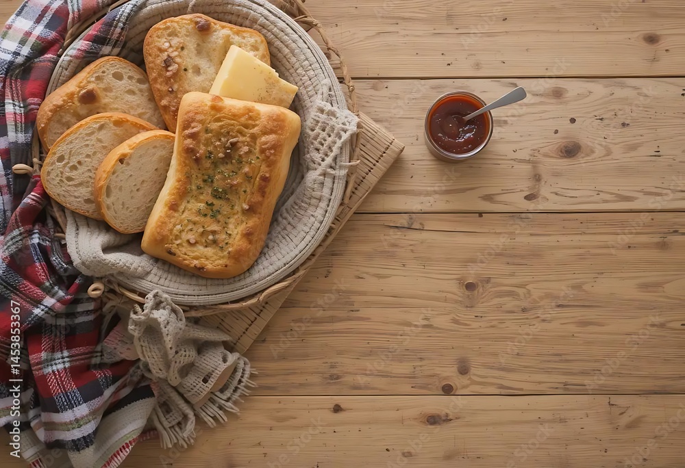 Fototapeta premium Rustic Breads, Cheese, and Jam: A Warm, Cozy Food Photography