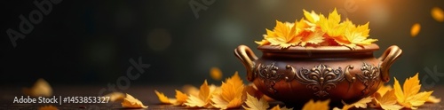 Golden leaves overflowing a lavish, ornate pot, growth, majestic, royalty