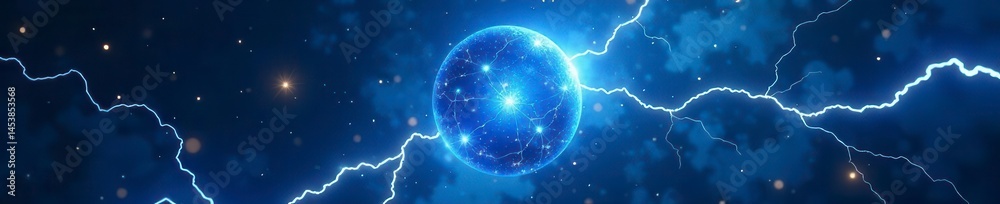 Naklejka premium Intense blue sphere, crackling lightning strikes , vibrant, flash