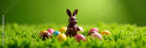 Green grass circle of chocolate eggs surrounds chocolate bunny , festival, easter eggs