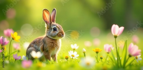 Happy bunny in vibrant spring meadow with wildflowers , grass, holiday, nature