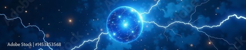 Intense blue sphere, crackling lightning strikes , vibrant, flash