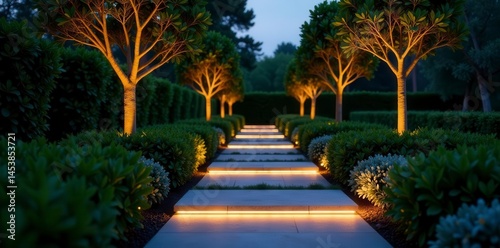 Modern garden path, subtle LED strip lighting creates warm glow at dusk , glow, garden path, lighting
