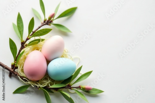 Pastel eggs nestled amongst delicate willow branches on a pristine white background , background, macro