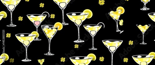 Seamless vector pattern of hand-drawn margarita and martini cocktail silhouettes, pattern, element
