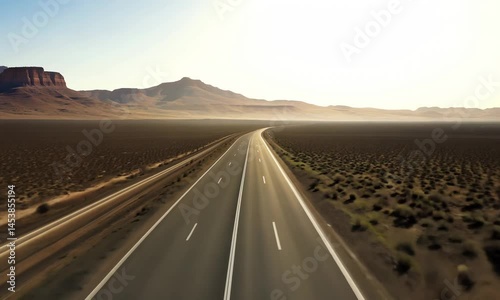 A long, winding highway stretches through a vast desert landscape, framed by distant mountains under a bright sky.
