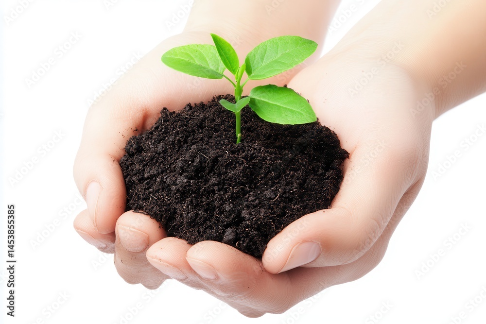 Hands holding a small plant in soil, symbolizing growth and care for the environment Hands holding a small plant in soil, symbolizing growth and care for the environment