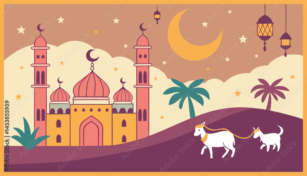 Eid ul Azha Mubarak Vector Illustration with Mosque, Lanterns, and Qurbani Goat

