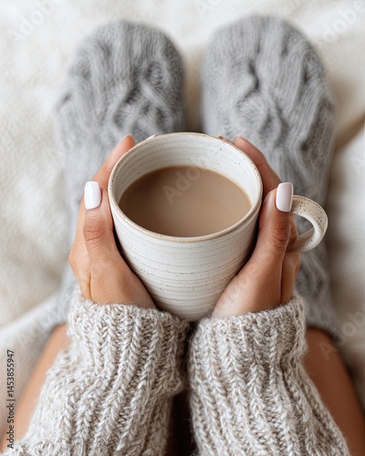 Cozy hands holding a warm cup of coffee, surrounded by soft textures, perfect for relaxation and comfort during chilly days.