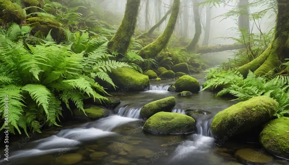 Fototapeta premium Misty Woodland Stream with Mossy Rocks and Lush Ferns
