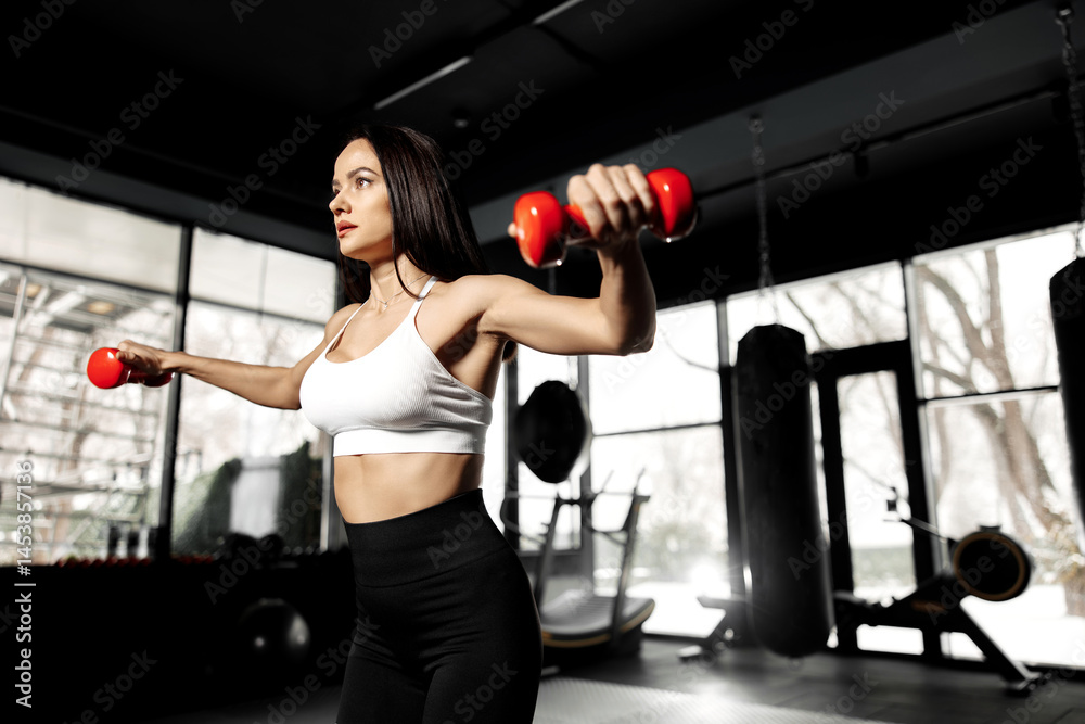 Fototapeta premium Attractive young woman doing exercises for shoulders with light dumbbell weights in the gym