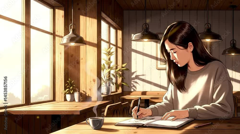 Woman Drawing in Sketchbook at Cafe Table near Window with Warm Sunlight