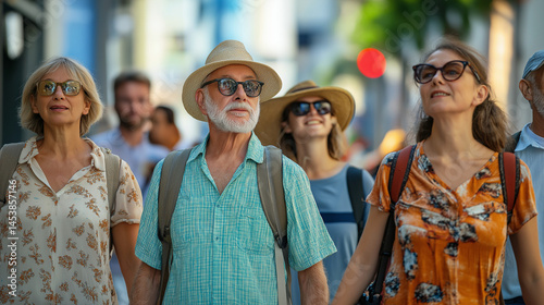 A group of ordinary people of mixed ages walk by looking around curiously as tourists in a new place