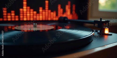Vintage record player with graphic equalizer showing audio waves , frequency, waveform