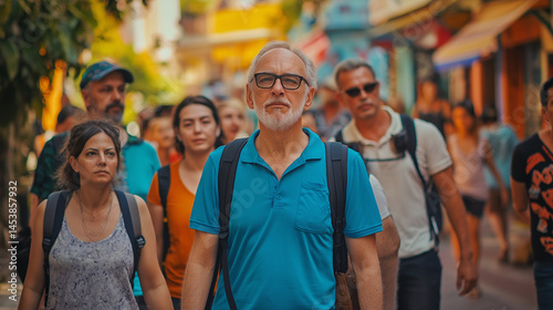 A group of ordinary people of mixed ages walk by looking around curiously as tourists in a new place