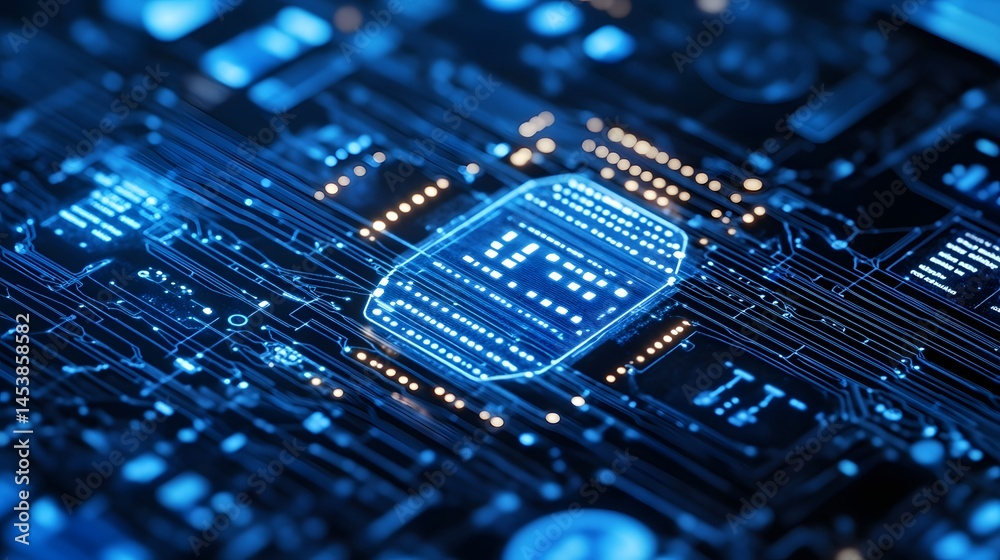 Close-up view of a glowing circuit board with embedded technology.