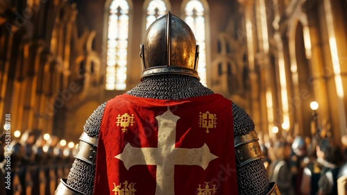 Knight in shining armor stands proud in a grand medieval cathedral during a ceremonial gathering