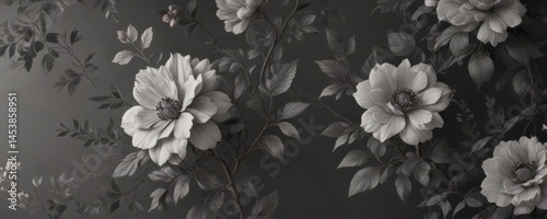 Subtle charcoal floral wallpaper, vintage feel, delicate blooms and leaves , decor, print, small