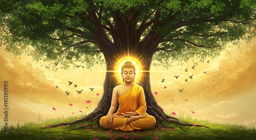 Buddha meditating under a serene tree, a symbol of peace and enlightenment.