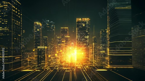 Dynamic cityscape illuminated by golden sunset along busy urban street during nighttime hours