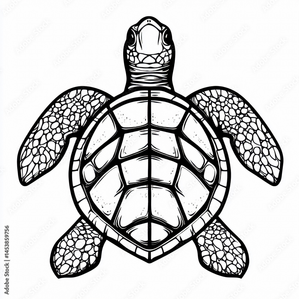 Fototapeta premium Sea Turtle Illustration Shows Detailed Shell and Flippers on White Background