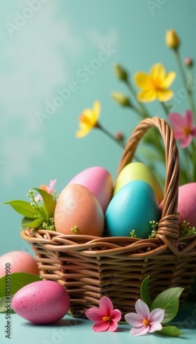 Vibrant Easter eggs in woven baskets, nestled amongst spring blooms , vibrant, decorated