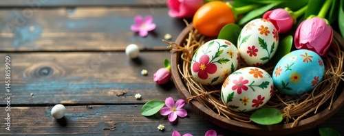 Vibrant painted eggs, spring motifs, wooden background, holiday decor, Easter