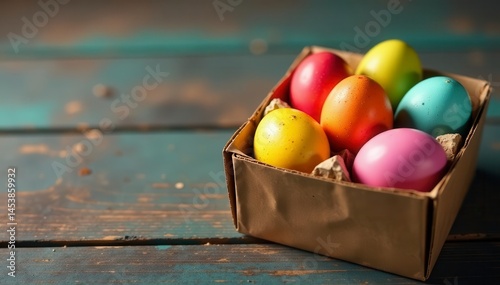 Vibrant painted eggs nestled in rustic cardboard box , recycle, easter eggs