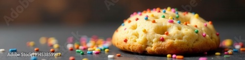 A freshly baked cookie with rainbow sprinkles, pastry, bakery, butterscotch