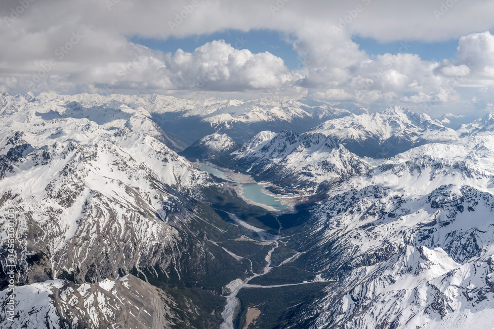 aerial landscape with San Giacomo and Cancano lakes in Valdidentro valley, Italy