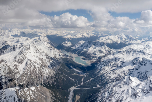 Obraz na płótnie aerial landscape with San Giacomo and Cancano lakes in Valdidentro valley, Italy w salonie