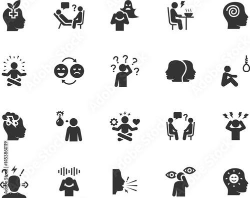 Vector set of mental health flat icons. Contains icons stress, depression, paranoia, bipolar, dementia, ptsd, eating disorders, multiple personalities, psychotherapy and more. Pixel perfect.