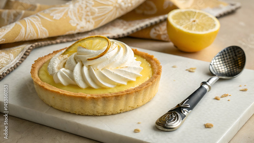 Tempting lemon tart with vivid yellow tones, presented on a marble board with a halved lemon, excellent for culinary inspiration and dessert visuals.