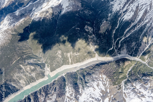aerial landscape with Livigno lake north eastern side, Italy