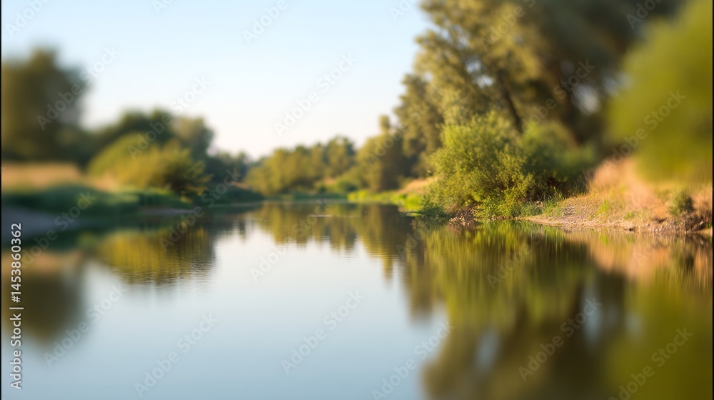 Obraz premium River with calm water reflecting soft sunlight, simple natural scene, 