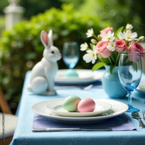 Elegant Easter brunch patio scene Blue linen, Easter eggs, rabbit figurine, spring flowers , spring decor, Easter brunch
