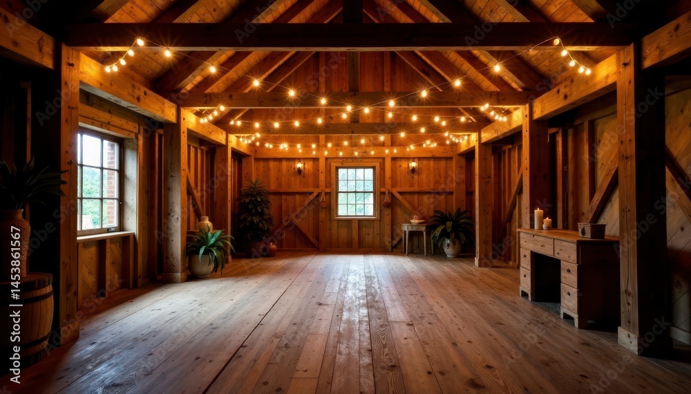 Rustic barn interior, warm string lights illuminate exposed beams, home, vintage decor, design Rustic barn interior, warm string lights illuminate exposed beams, home, vintage decor, design