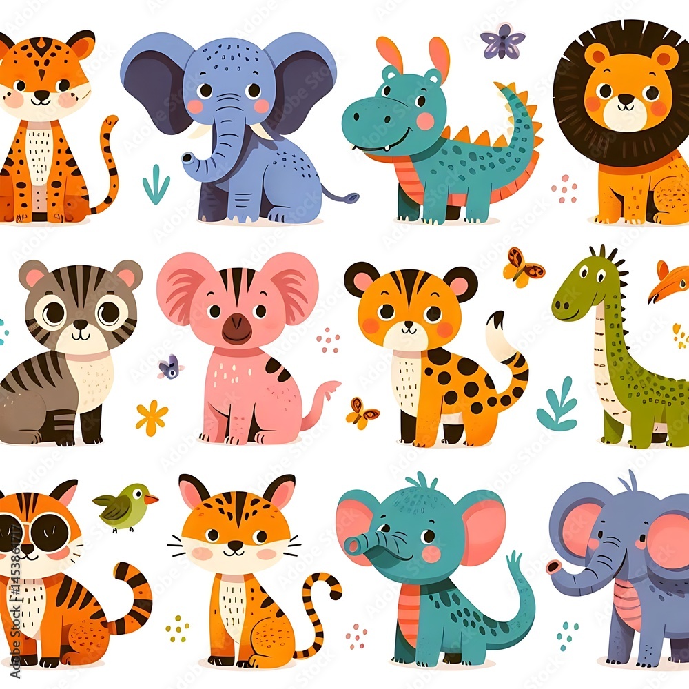 Fototapeta premium Vector Illustration of Cute Baby Animals – Collection of Happy and Playful Cartoon Creatures with Big Eyes and Smiling Faces, Perfect for Educational and Kid-Friendly Use
