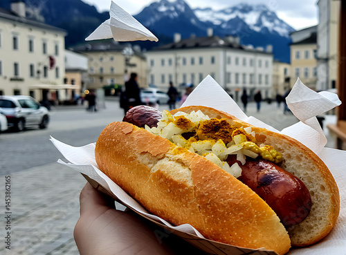 Austrian bosna, grilled sausage in crusty roll with onions, curry powder, and mustard