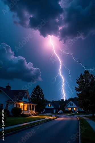 Dusk storm clouds, dramatic lightning illuminates quiet suburban home, contrast, photo