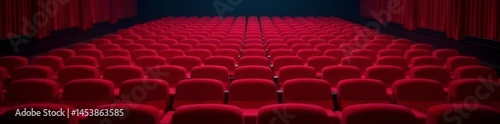 Rows of unoccupied red velvet theater seats, rich ambiance , movie theatre seats, dark