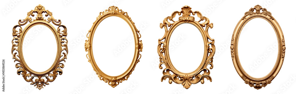 Set of decorative vintage oval gold frame png, golden photo frame on a transparent cut-out background.eps