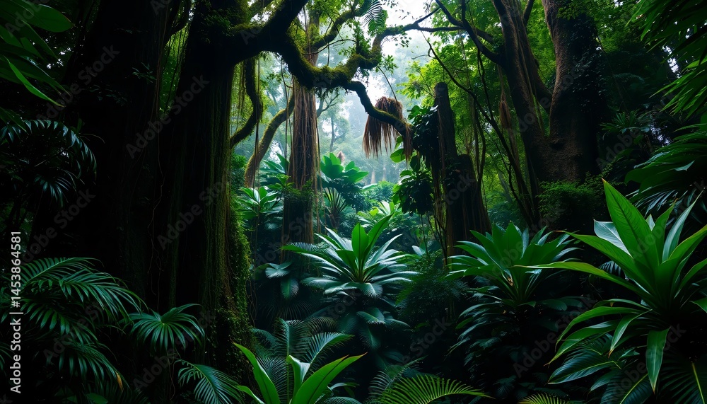 Dense Tropical Rainforest with Towering Trees and Hanging Vines Dense Tropical Rainforest with Towering Trees and Hanging Vines
