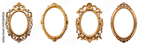 Set of decorative vintage oval gold frame png, golden photo frame on a transparent cut-out background.eps