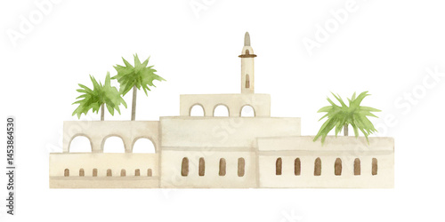 Mediterranean old stone houses with palm trees and arches watercolor illustration isolated on white. Oriental scene with beige city quarter in Arabic style. Romanian Europe ancient architecture