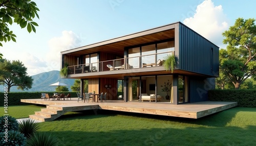 Contemporary modular home with metal cladding Expansive balcony, clean design , balcony, energy efficient, cladding