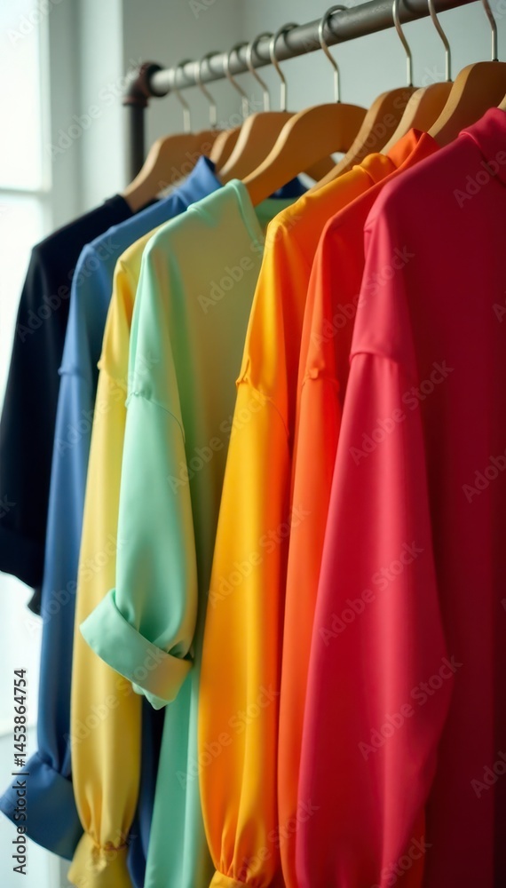 Obraz premium Flowing silk blouses, vibrant colors, displayed on hangers, wardrobe, shirts