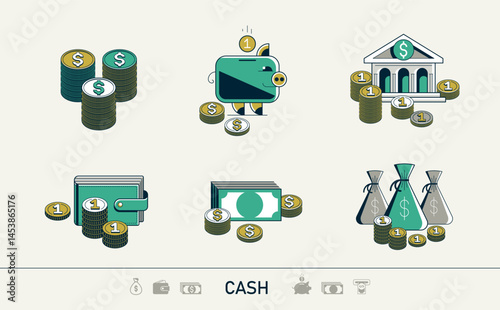 Cash money vector detailed icons set, bundle of compositions of finances funds, coins and banknotes piles.